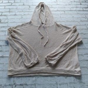 American Eagle Womens Medium Beige Waffle Knit Hooded Pull Over Crop Long Sleeve